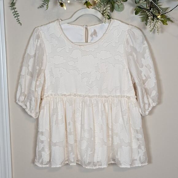 Francesca's Mi Ami Ivory Cream Floral Puff Sleeve Blouse - Picture 1 of 12